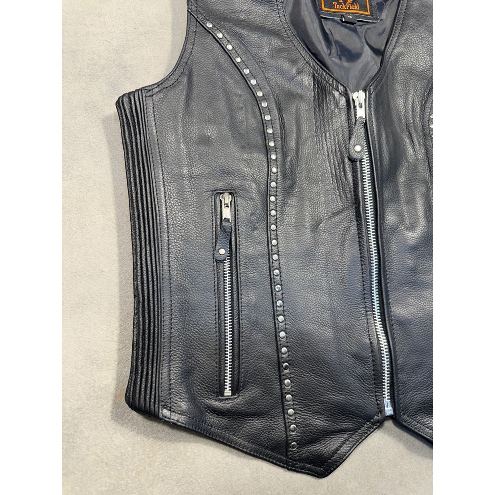 TackField Mens or Women's Black Leather Motorcycle Vest Studded Zip Front Bike M - Picture 4 of 9